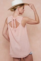 BiBi Popcorn Waffle Open Back Top with Tied Ribbon OutfitFlow